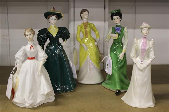 Four Coalport figures and a Royal Worcester figure